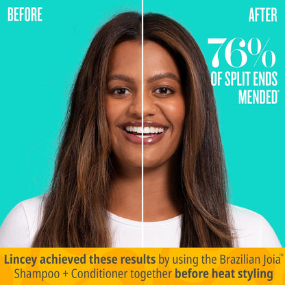 Before | After - 76% of split ends mended | Lincey achieved these results by the Brazilian Joia™ Shampoo and Conditioner together before heat styling