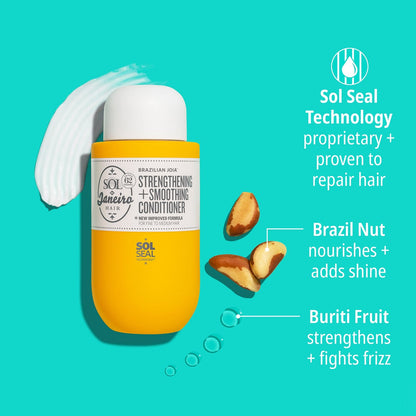 Sol Seal technology - proprietary and proven to repair hair | Brazil Nut - nourishes and adds shine | Buriti Fruit - strengthens and fights frizz