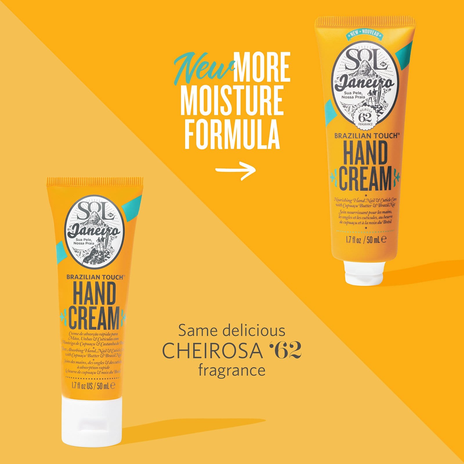 Comparison of new packaging for Brazilian Touch Hand Cream, Sol de Janeiro. New More moisture formula. same delicious Cheirosa &