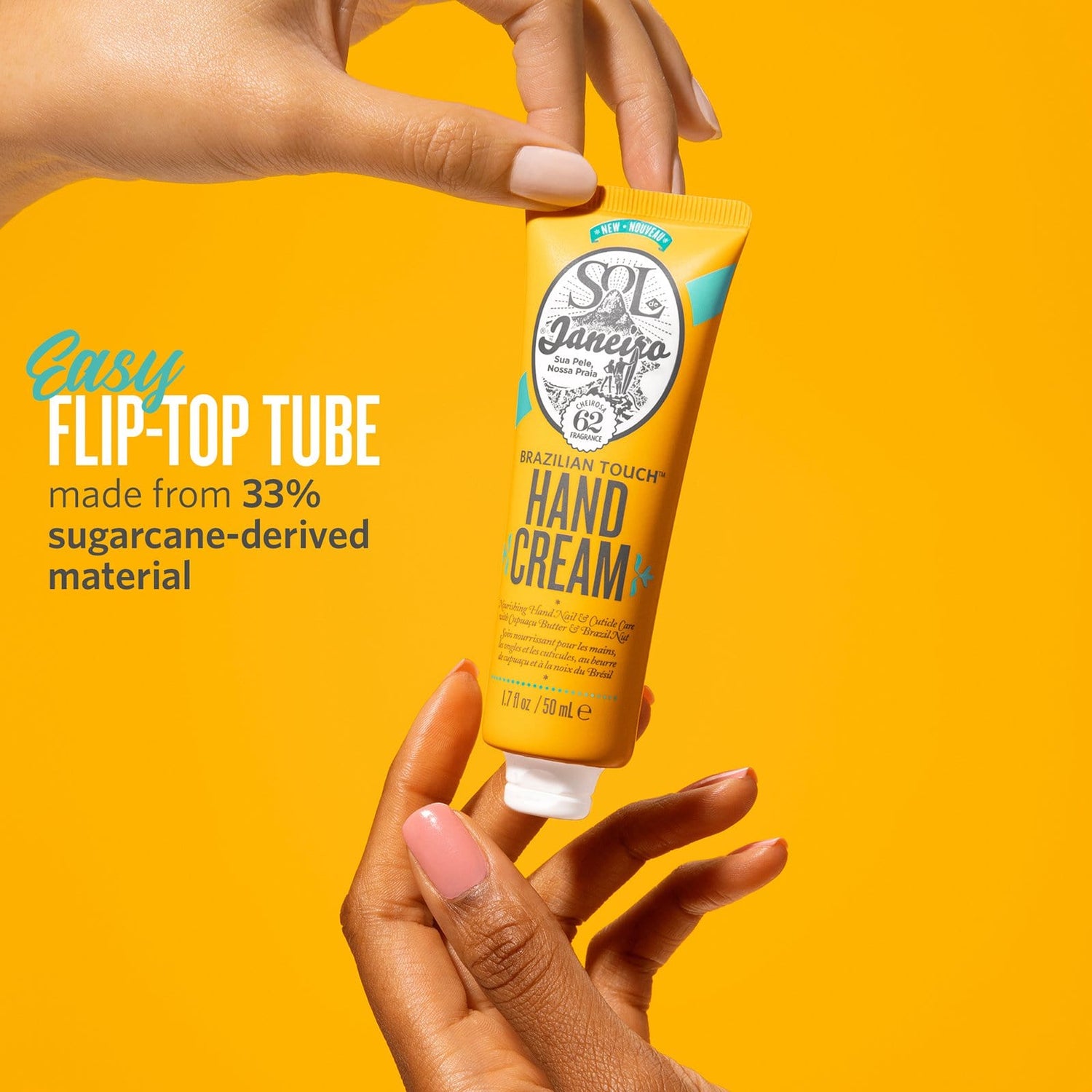 Brazilian Touch Hand Cream, Sol de Janeiro. Easy Flip-top tube, made from 33% sugarcane-derived material.