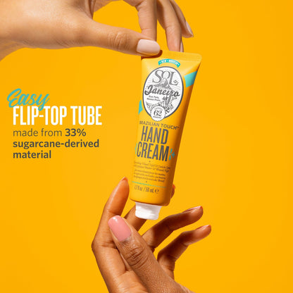 Brazilian Touch Hand Cream, Sol de Janeiro. Easy Flip-top tube, made from 33% sugarcane-derived material.